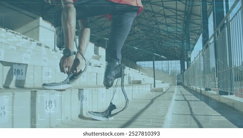 Data processing over african american male athlete with prosthetic leg tying shoe laces on stairs. Sports technology concept - Powered by Shutterstock