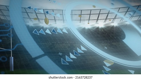 Data Processing Over Australia Print On Multiple Rugby Balls Falling Against Sports Stadium. Sports And Competition Concept