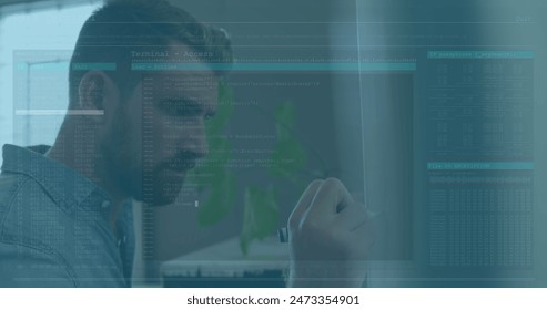 Data processing over caucasian worker technology and technology data processing data processing technology. Business technology and data processing concept digitally generated image.
