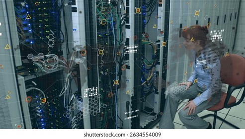 Data processing over globe and world map against caucasian female enginner working at server room. Computer interface and business data storage technology concept