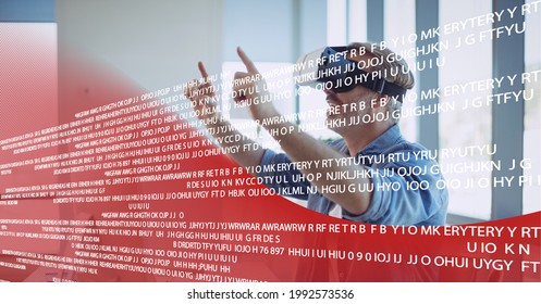 Data processing over man wearing vr headset at office against red technology background. global business and futuristic technology concept