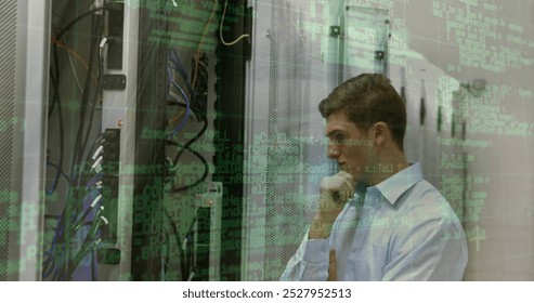 Data processing over portrait of caucasian male engineer smiling at computer server room. Business data storage technology concept