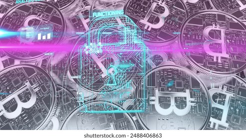 Data processing over security padlock icon against bitcoin coins in background. Cyber security and cryptocurrency technology concept