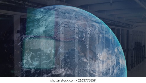Data processing over spinning globe against computer server room. global networking and cyber security concept