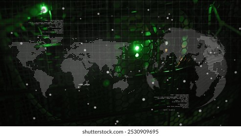 Data processing over spinning globe and world map against close up of a computer server. computer interface and business data storage technology concept