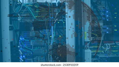 Data processing over spinning globe against close up of a computer server. computer interface and business data storage technology concept