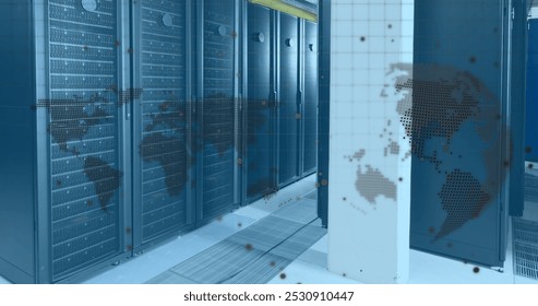 Data processing over spinning globe and world map against computer server room. computer interface and business data storage technology concept