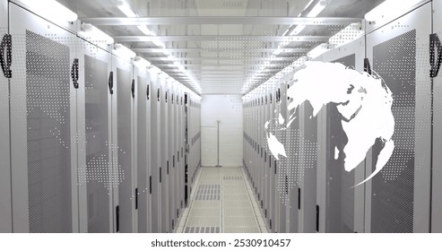 Data processing over spinning globe and world map against computer server room. computer interface and business data storage technology concept