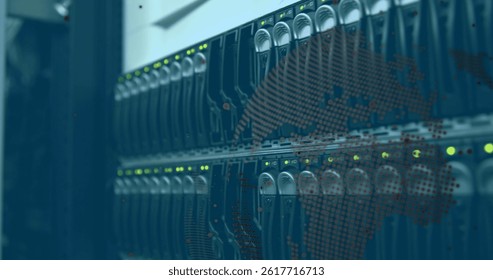 Data processing over spinning globe against close up of a computer server. computer interface and business data storage technology concept