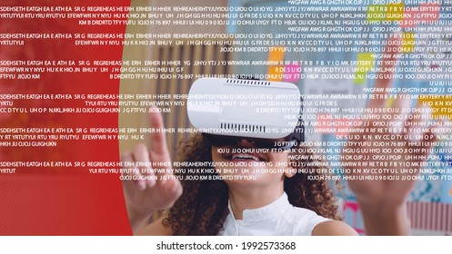 Data Processing Over Woman Wearing Vr Headset At Office Against Red Technology Background. Global Business And Futuristic Technology Concept