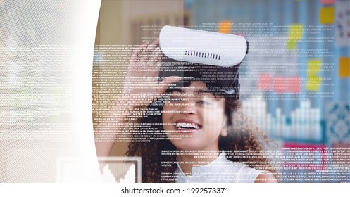 Data Processing Over Woman Wearing Vr Headset At Office Against Red Technology Background. Global Business And Futuristic Technology Concept