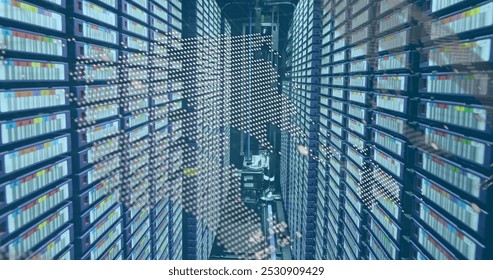 Data processing over world map against computer server room. computer interface and business data storage technology concept