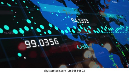 Data processing over a world map against city traffic at night. Global networking and business technology concept