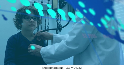 Data processing over world map against asian male doctor examining caucasian boy at hospital. Medical healthcare and technology concept