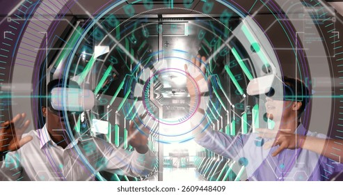 Data processing and scope scanner over two diverse men gesturing while wearing vr headset. computer interface and technology concept