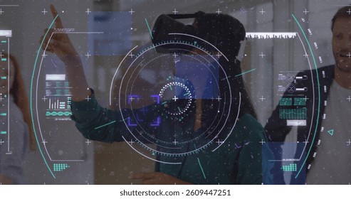 Data processing and scope scanning over woman wearing vr headset gesturing at office. computer interface and technology concept