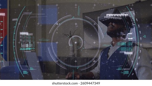 Data processing and scope scanning over african american man gesturing while wearing vr headset. computer interface and technology concept