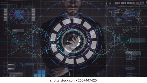 Data processing and scope scanning over caucasian man touching futuristic screen. computer interface and technology concept