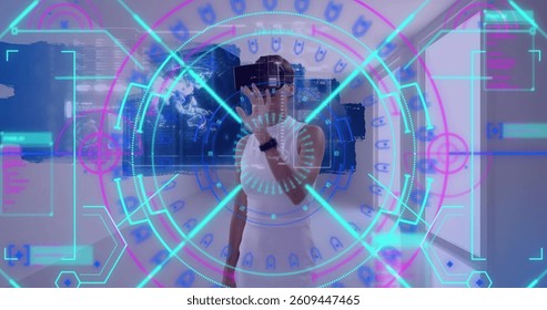 Data processing and scope scanning over woman wearing vr headset touching futuristic screen. computer interface and technology concept