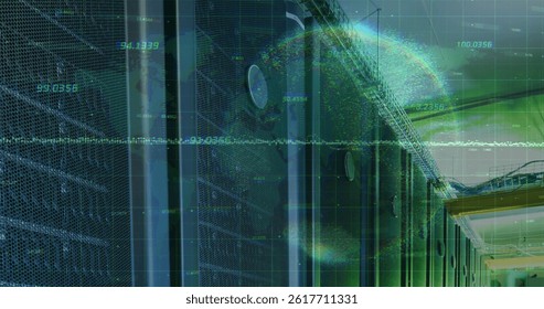Data processing and spinning globe against computer server room. global networking and business data storage technology concept
