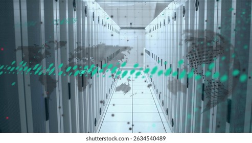 Data processing, spinning globe and world map over empty computer server room. Global finance and business data storage technology concept - Powered by Shutterstock - Get 15% off with code: PIKWIZARD15
