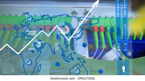 Data processing and world map over close up of computer server against green technology background. global networking and data storage technology concept