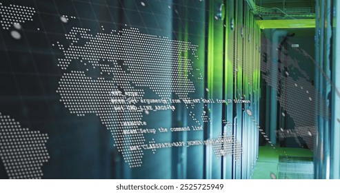 Data processing with a world map over a transparent background. Global technology data processing and digital interface concept digitally generated image.