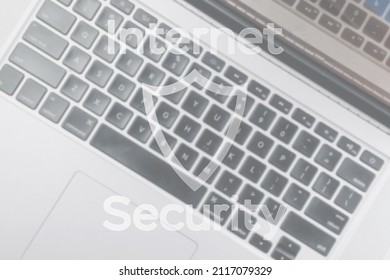 Data Protecting Security Concept. Computer Internet Protection Symbol On Blured Keyboard Background. Hacker Attack And Data Breach, Information Leak Concept