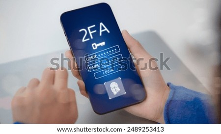 Data protection with 2FA increases security. Log in with a username and password. Privacy protects data and cybersecurity concepts. The two-factor authentication laptop computer screen displays 2FA.
