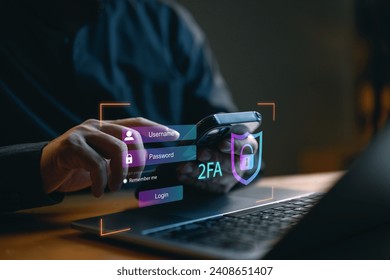 Data protection with 2Fa, Two-Factor Authentication, Cybersecurity and privacy protect data. Internet network security technology. Encrypted data. Personal online privacy. Cyber hacker threat.