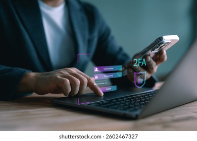 Data protection with 2Fa, Two-Factor Authentication, Cybersecurity and privacy protect data. Internet network security technology. Encrypted data. Personal online privacy. Cyber hacker threat.