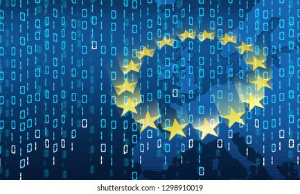 Data protection, binary code with European Union flag