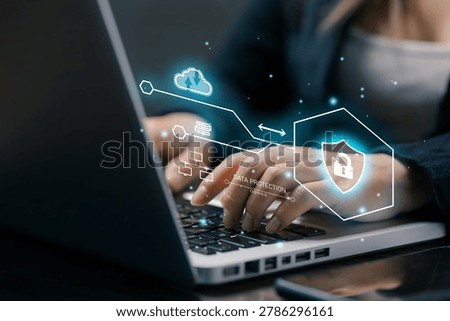 Data protection and cloud cybersecurity technology on laptop with secure network interface, digital privacy management and online information security business concept.