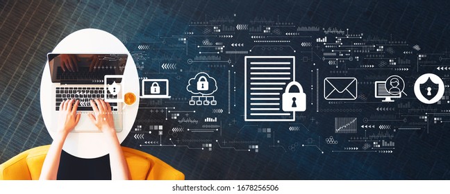 Data protection concept with person using a laptop on a white table - Shutterstock ID 1678256506