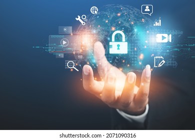data protection concept security network business man showing personal information padlock icon and meta technology network connection
