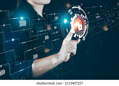 Data Protection Concept, Woman Touching Typing Code On Virtual Monitor To Protect Cybersecurity And Prevent Hacker Attacks, Protect Customer Data, Padlock Hologram Icon Over Printed Hand