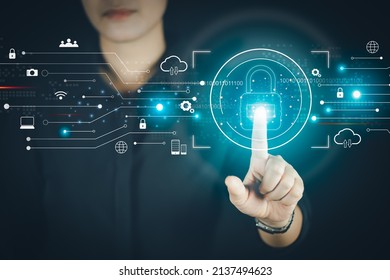 Data Protection Concept, Woman Touching Typing Code On Virtual Monitor To Protect Cybersecurity And Prevent Hacker Attacks, Protect Customer Data, Padlock Hologram Icon Over Printed Hand