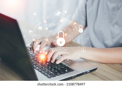 Data Protection Concept, Woman Typing Code On Computer To Protect Cybersecurity And Prevent Hacker Attacks, Protect Customer Data, Padlock Hologram Icon Over Printed Hand