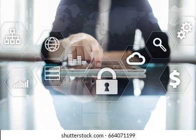 Data protection, Cyber security, information safety and encryption. internet technology and business concept.  Virtual screen with padlock icons.