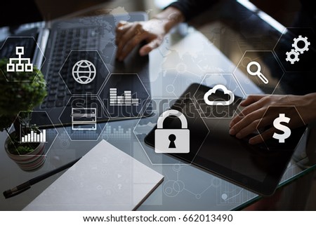 Data protection, Cyber security, information safety and encryption. internet technology and business concept.  Virtual screen with padlock icons.