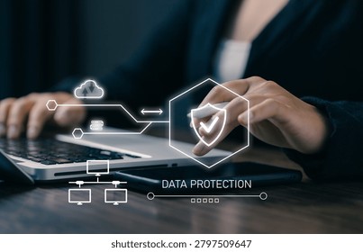 Data protection and cybersecurity concept with secure cloud network, privacy management, information security, encrypted communication, digital infrastructure and safe data transfer.