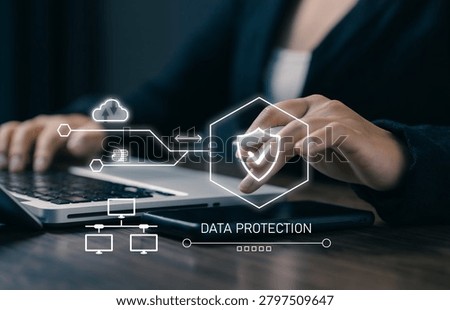 Data protection and cybersecurity concept with secure cloud network, privacy management, information security, encrypted communication, digital infrastructure and safe data transfer.