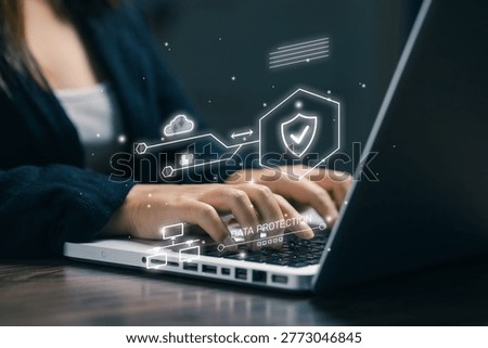 Data protection and cybersecurity concept with shield icon and secure network, information security, encryption, privacy protection, and digital safety technology.