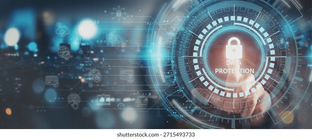 Data protection  and digital security concept. Glowing padlock icon and radiating circuitry represents data protection, privacy, cybersecurity, secure networks, encryption and safeguarding information