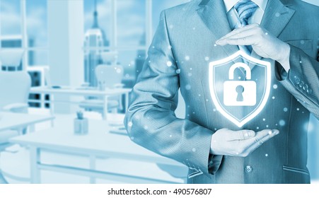 Data Protection And Insurance. Concept Of Business Security, Safety Of Information From Virus, Crime And Attack. Internet Secure System. Office Background.