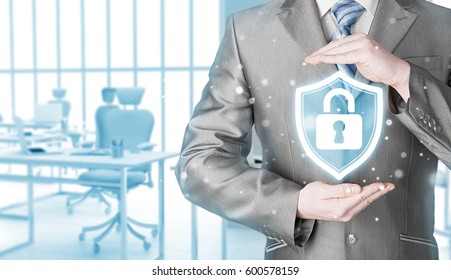 Data Protection And Insurance. Concept Of Business Security, Safety Of Information From Virus, Crime And Attack. Internet Secure System. Office Background.