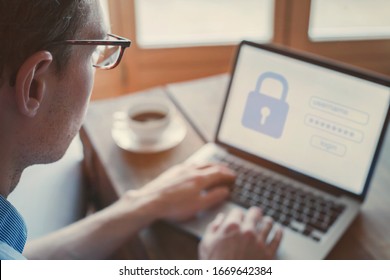 data protection and internet security concept, user typing login and password on computer, secured access