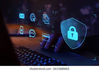 data protection and internet security concept, cybersecurity and network security online with padlock icon