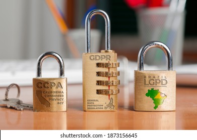 Data Protection Laws Concept: Three Locks Shows The Names Of Three Data Protection Laws: California Consumer Privacy Act, General Data Protection Regulation And Lei Geral De Proteção De Dados Pessoais