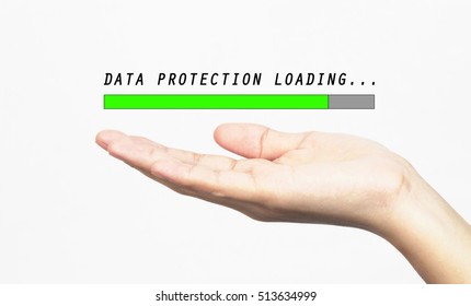 Data Protection loading progress bar with hand, isolated on white background. Business tehnology and internet concept style concept                          